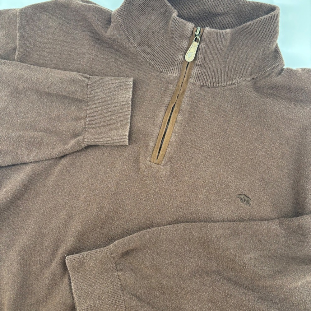 Onward‎ Reserve Quarter Zip Sweater Mens XXL Brown Cotton Suede Trim Bear Logo